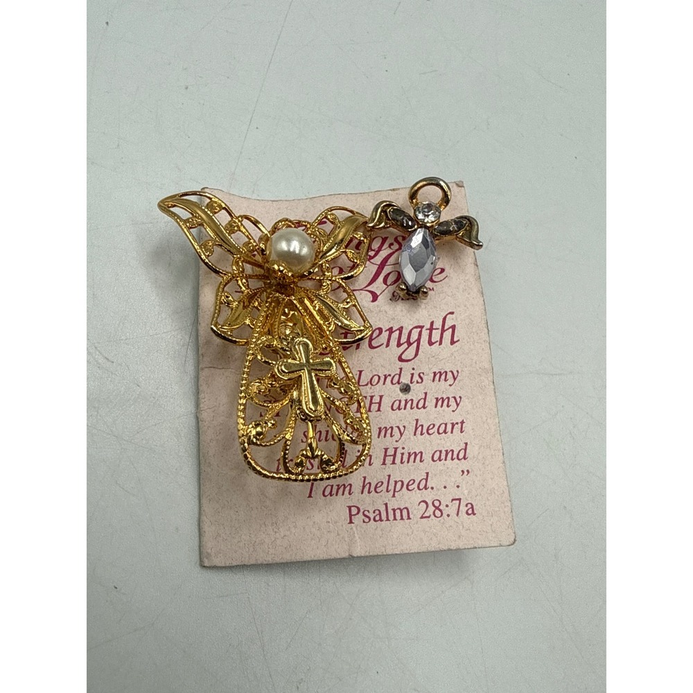 Wings of Love Strength Angel Lapel Pin Gold Tone Filigree Faux Pearl Cross Psalm